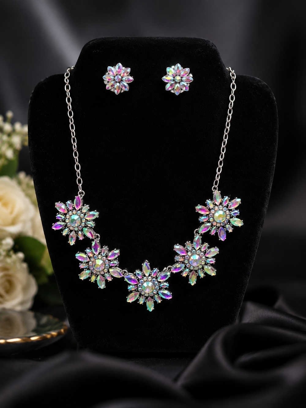 Source Unknown Iridescent Floral Crystal Necklace and Stud Earrings - Multicolor